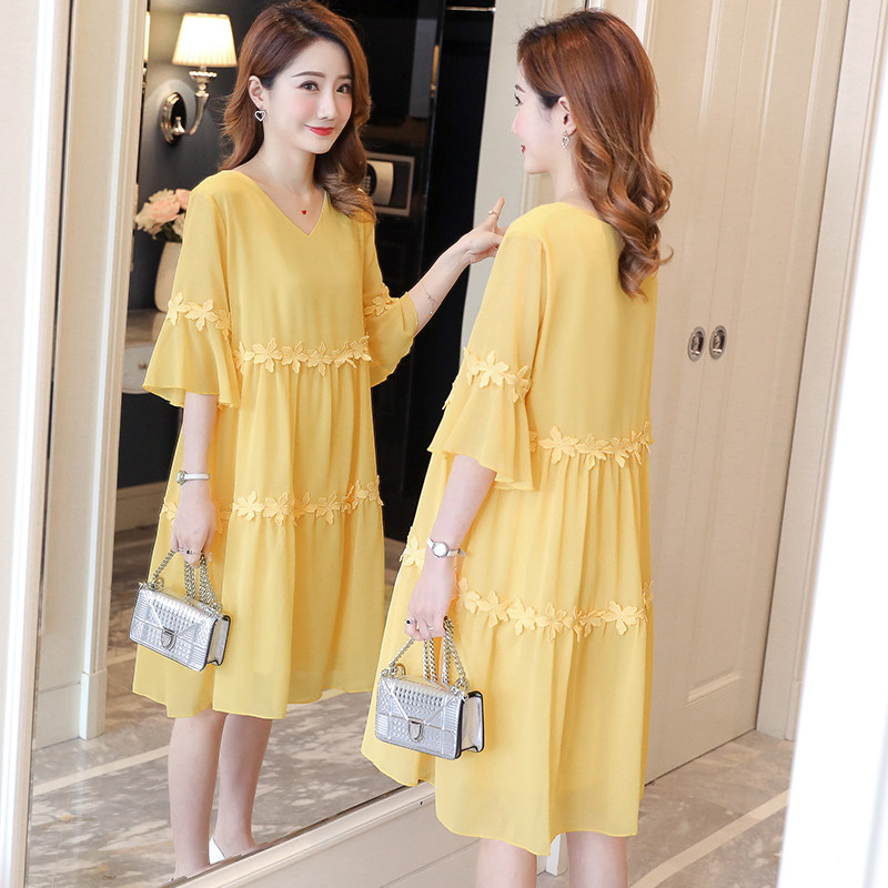 夏装孕妇雪纺连衣裙2020新款 时尚绣花V领裙子宽松甜美孕妇裙潮妈