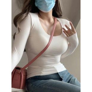 别致上衣 u领辣妹修身 纯欲大领口T恤女秋冬内搭方领德绒打底衫 长袖