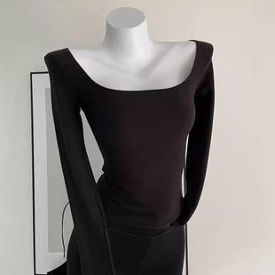 上衣 长袖 露锁骨大U领纯色加绒内搭打底衫 女韩系气质德绒保暖修身