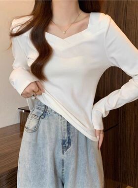 大码黑色v领外穿正肩t恤长袖女春季新款胖mm遮肚子显瘦打底衫上衣