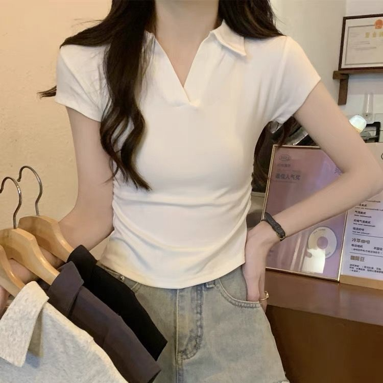 收腰POLO领V领正肩短袖T恤女2026夏季新款修身显瘦短款纯色潮上衣