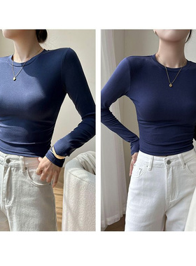深蓝色圆领长袖辣妹T恤女装秋冬季短款修身纯色性感百搭上衣