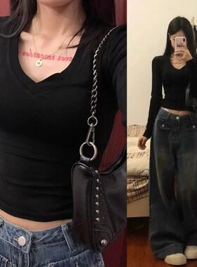 黑色内搭V领长袖t恤女春秋季2025新款打底衫紧身收腰外穿上衣