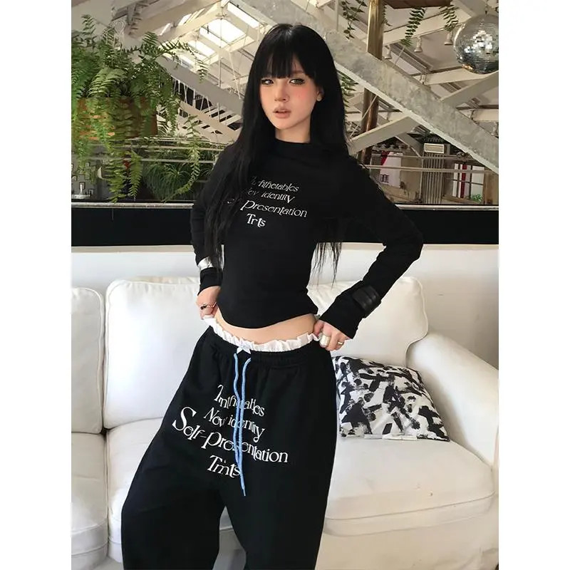 美式正肩黑色长袖t恤女秋季内搭打底衫修身显瘦辣妹款紧身上衣