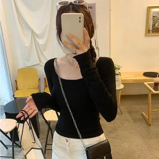 T恤女秋冬辣妹u领保暖德绒内搭打底衫 法式 温柔风低领软糯上衣长袖