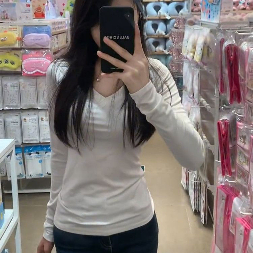 美式纯欲白色V领正肩长袖T恤女早春韩版修身打底衫纯色内搭上衣