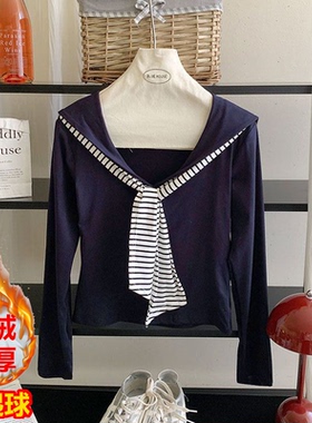 学院风藏蓝色海军领条纹飘带长袖t恤女早秋新款修身显瘦小上衣