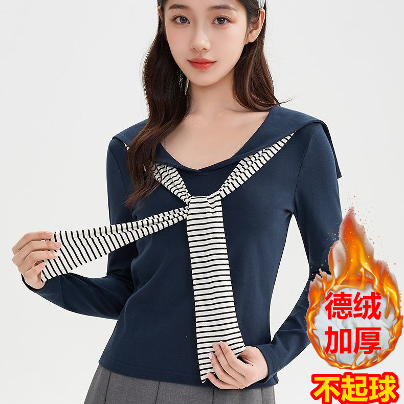 秋冬气质海军领条纹飘带长袖T恤女内搭修身拼接假两件百搭小上衣