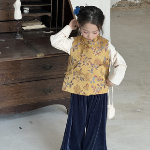 「清平乐」2025秋冬女童织锦缎金丝刺绣马甲新中式国风穿搭汉服