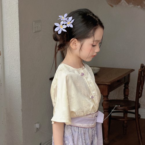 「月黛绵绵」2026新款改良宋制舒适丝绸提花缎面夏季女童三件套