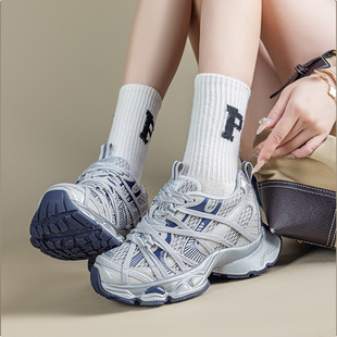 厚底增高网面软底运动鞋 女2025新款 潮 9CM绑带加绒老爹鞋 香港