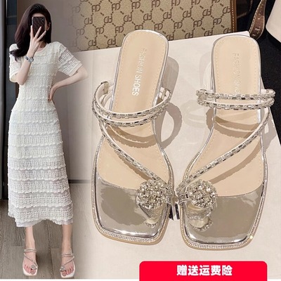 高跟凉鞋女2025新款夏季配裙子粗跟水晶水钻法式仙女风凉拖鞋外穿
