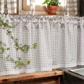 棉麻浅咖小格子半遮光飘窗阳台免打孔短帘门帘厨房半帘隔断帘成品