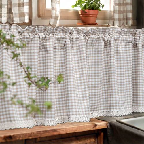 棉麻浅咖小格子半遮光飘窗阳台免打孔短帘门帘厨房半帘隔断帘成品