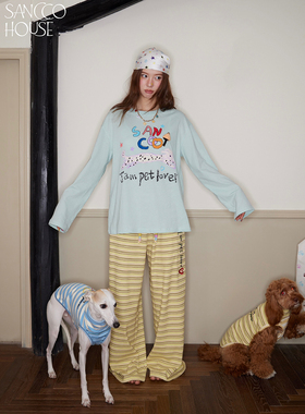 SANCCO「I'm pet lover」小狗印花长袖上衣女棉麻防晒T恤