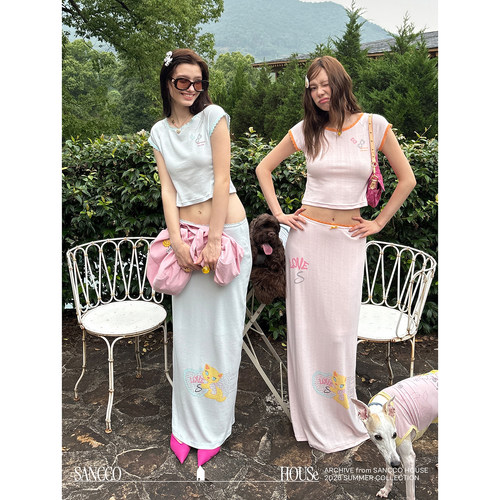 夏季印花蕾丝边短袖半裙两件套