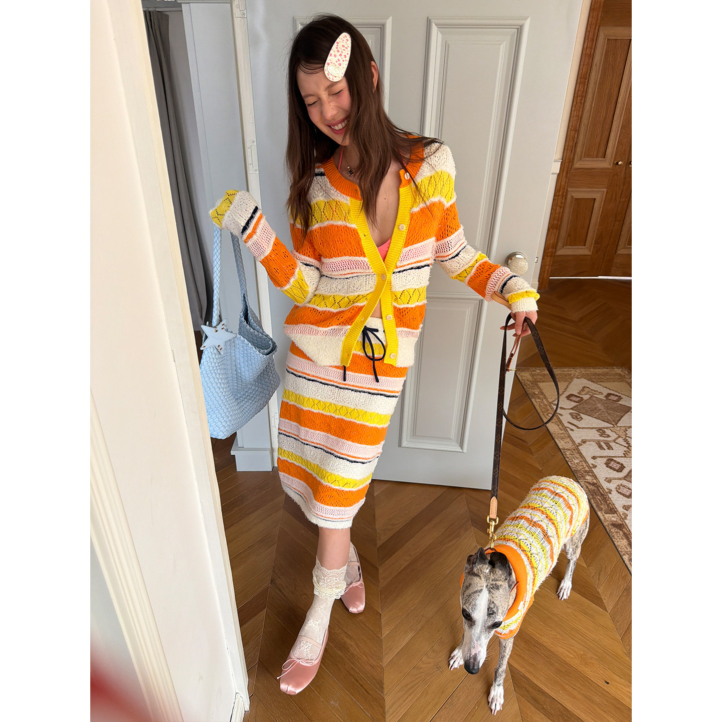 SANCCO原创彩色轻薄条纹镂空棉株片针织拼色开衫半裙套装女春夏