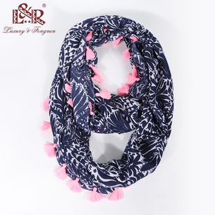 海边度假风几何图案春秋超漂亮美国lilly pu挂穗荧光色围巾外贸单