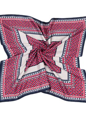 欧美春秋轻薄仿真丝蓝红色蝴蝶结印花73CM小方巾银行空姐丝巾领巾