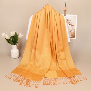 民族风经典腰果花秋冬桑蚕丝腈纶休闲桔黄色提花围巾披肩