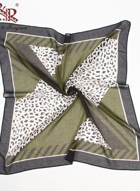 美国品牌外贸单尾货莫代尔棉混纺几何图形绿色印花小方巾75*75CM