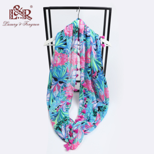 海边度假风植物花卉春秋超漂亮美国lilly pu挂穗荧光色围巾外贸单