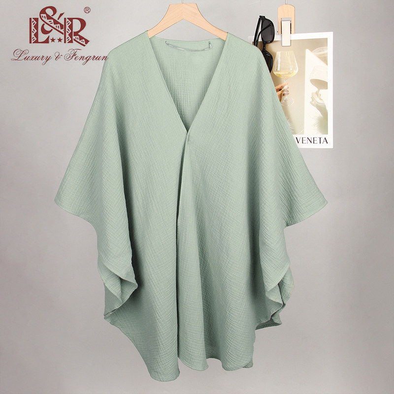 欧美风纯色淡暗绿色纯棉轻薄亲肤柔软舒适斗篷披肩空调房披风外搭