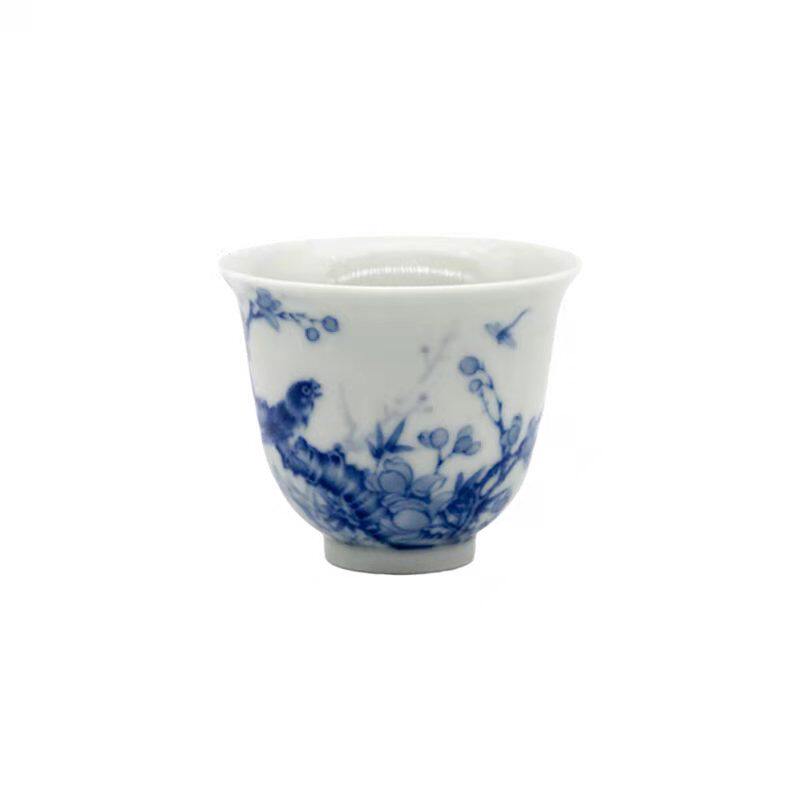 渌水山房 华军鼎成柴窑 柴烧青花花鸟玉兰杯 仿古茶道主人杯品茗