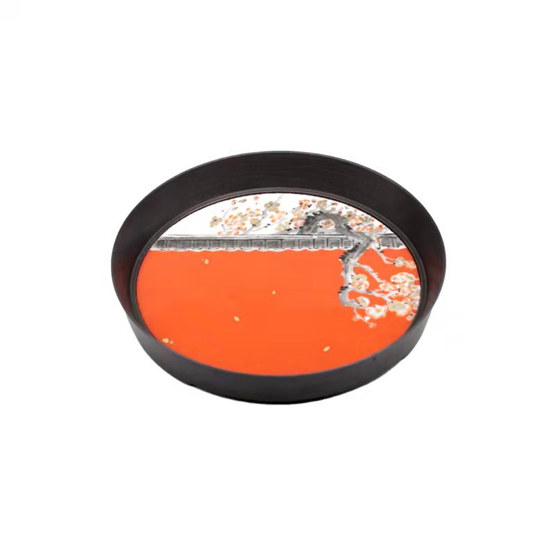 赋山堂锡制茶托茶盘粉彩手绘图案