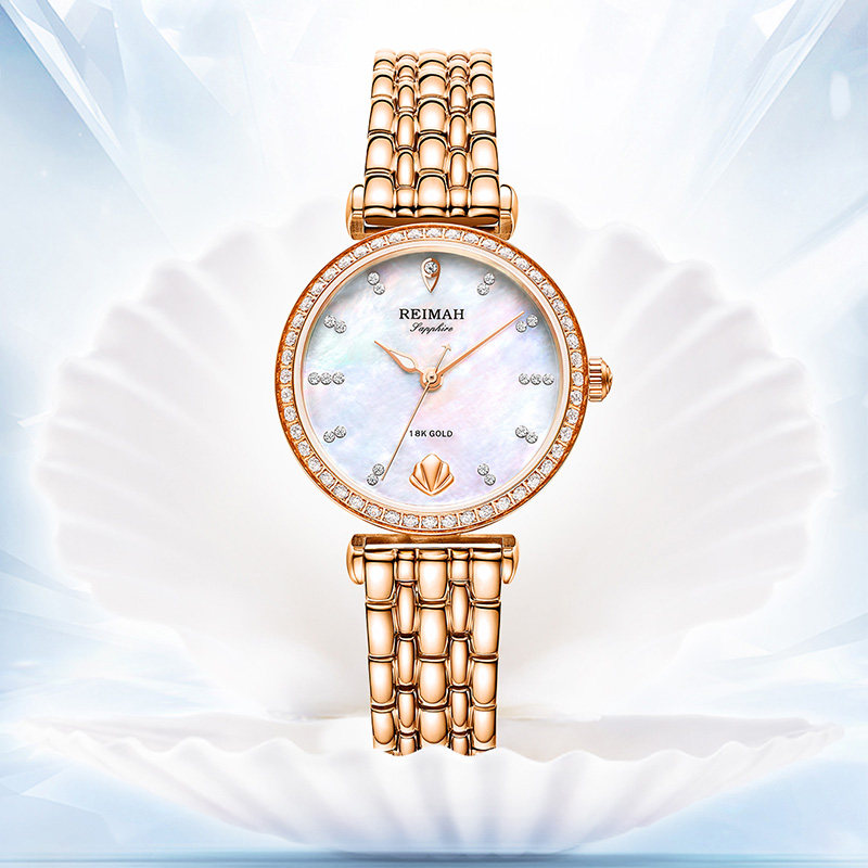 正品雷迈reimah 手表时尚石英女士腕表钢带18k贝壳金币女表6182