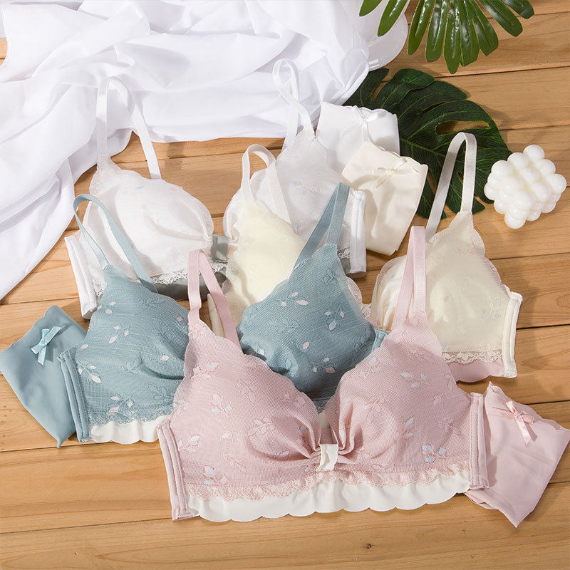 无钢圈美背胸罩清新甜美少女聚拢文胸套装日系双色提花文胸套装