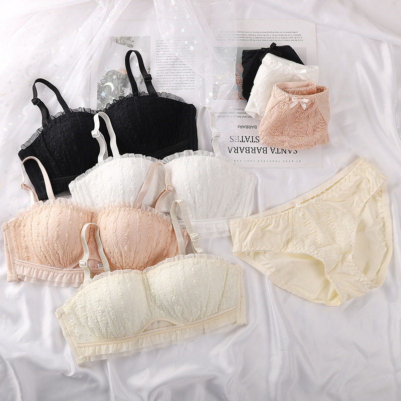 无钢圈收副乳蕾丝花边内衣套装薄款透气日系少女聚拢美背文胸套装