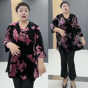 大码中老年女秋冬款V领中长款上衣时尚显瘦复古盘扣妈妈装打底衫