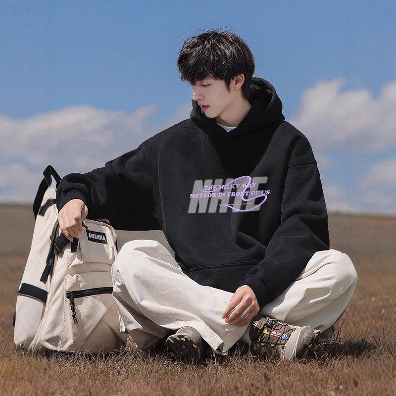 穿上衣新款美式连帽男生男款卫衣外套秋冬季青少年2025重磅搭黑色