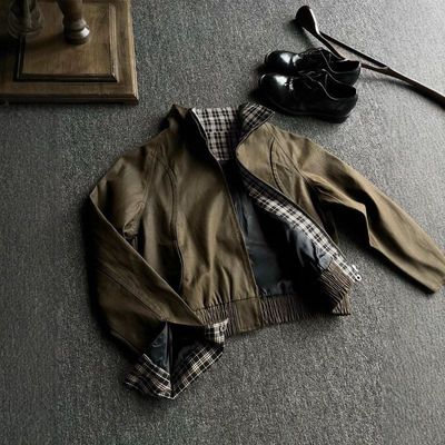 棕色短款拼接工装哈灵顿格纹冬季夹克anfitle男款高级感小众c外套