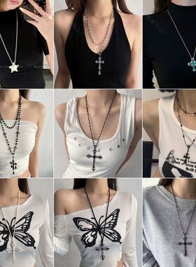 女女小众独特风双毛衣链戴项链风项饰哥特暗黑层叠十字架个性冷淡
