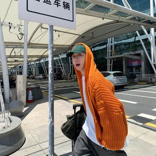 针织衫外套男款慵懒连帽风休闲松弛韩系拉链感毛衣橙色多巴胺开衫
