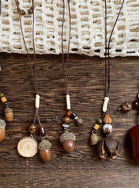 锁骨木珠蜡绳设计感抽拉式女时尚链民族风松果新中式百搭项饰项链