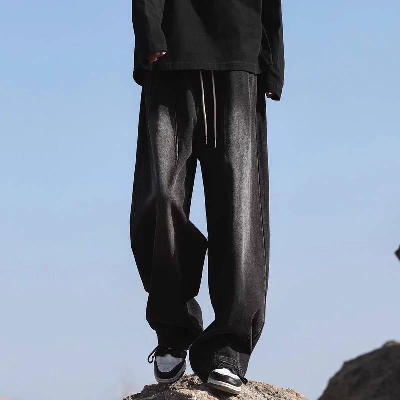 潮牌黑色渐变潮流直筒春夏高级感男休闲裤腰牛仔裤垂感美式松紧子