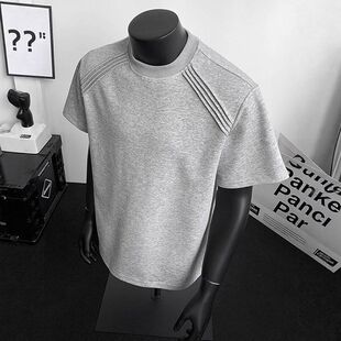 硬挺美式男短袖空气层半袖重磅t恤领口夏季版型小正肩太空棉boxy