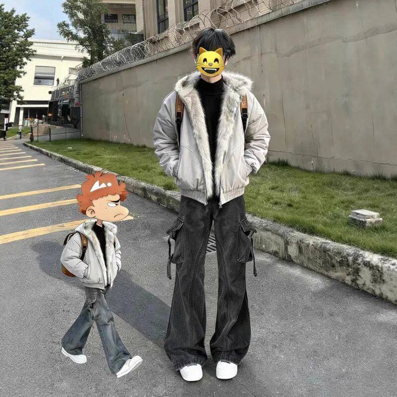 男高街黑裤子灰色牛仔裤大vibe冬季高级感美式微喇直筒工装裤口袋