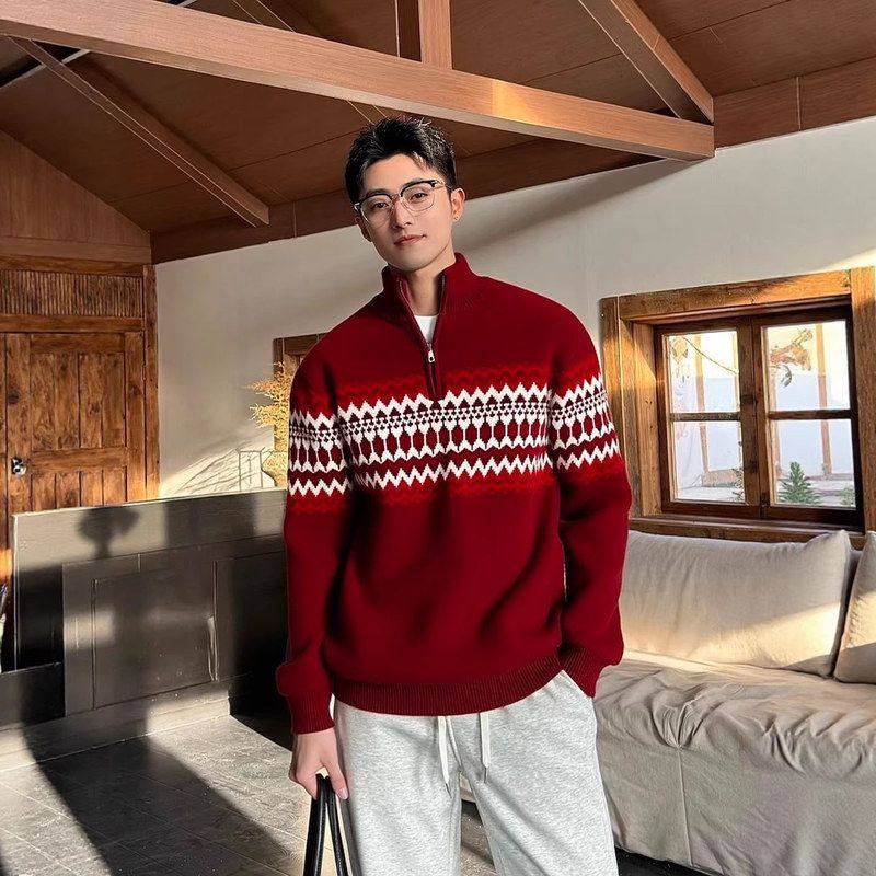 衣服男款情侣针织衫毛衣外套马年红色拉链冬季提花半本命年费尔岛