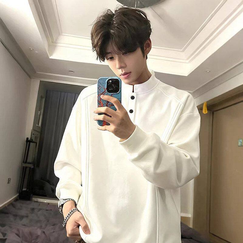 美式亨利领加绒内秋冬男款长袖卫衣搭t恤正肩加厚打底衫重磅白色