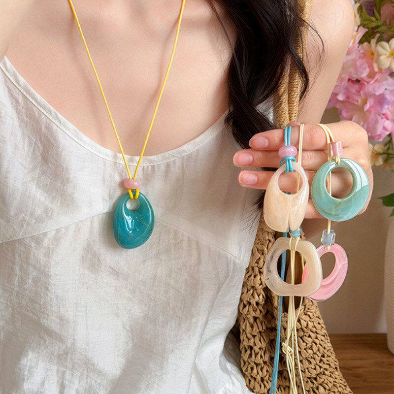 配饰多巴胺项链奶甜链春夏穿原创韩系锁骨搭_长款蓝色女吊坠晕染