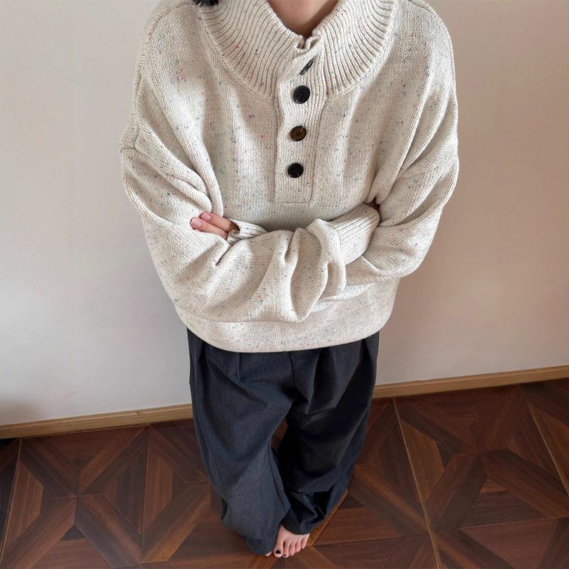 高领美式宽松套头毛衣复古秋冬保暖美式星空慵懒男女半针织衫彩点