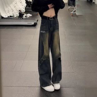 工装裤直筒高个子蓝解构牛仔裤春季复古男款加长宽松裤子美式拼接