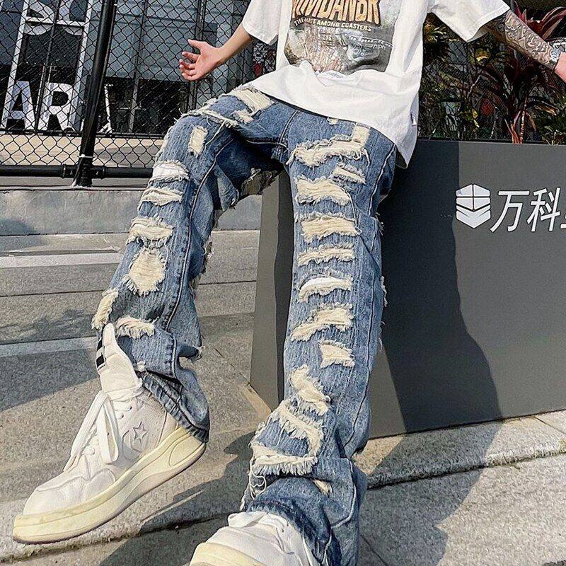 破洞牛仔裤高街潮牌vibe子宽松美式水洗 复古微喇裤男款直供厂家