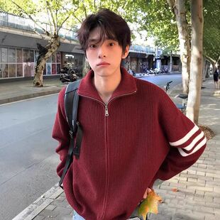 男款复古杠外套慵懒针织衫c红色开衫le风毛衣本命年三条冬季anfit