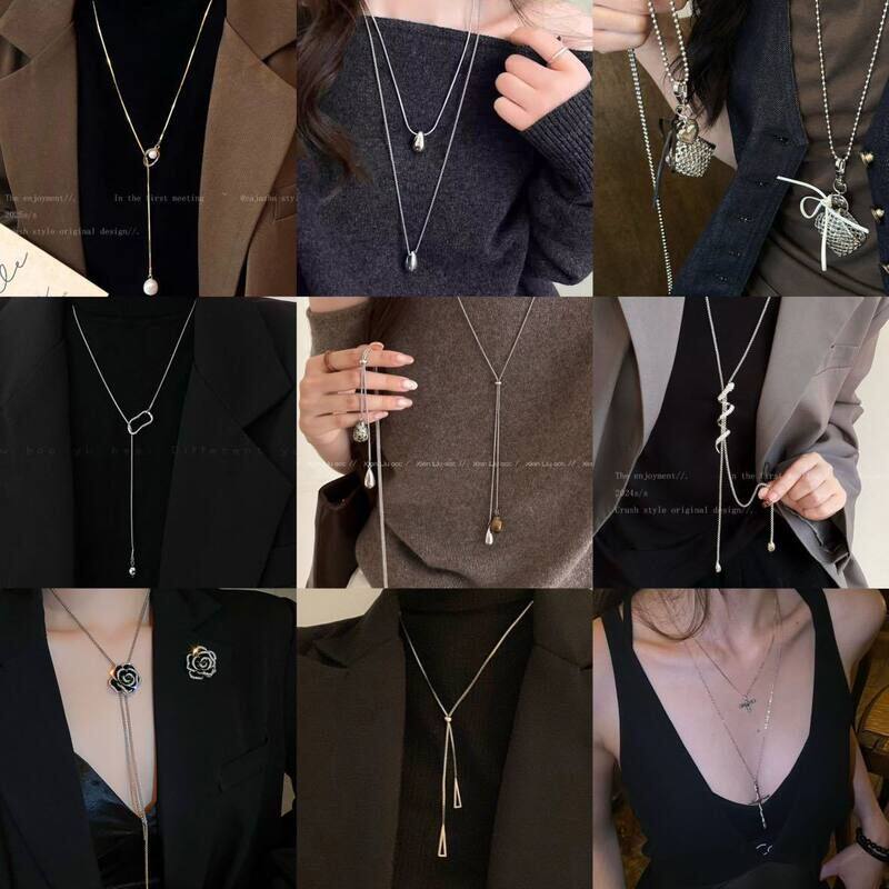 风长款冷淡女毛衣链高级感饰品配饰小众轻奢设计花朵水滴抽拉项链