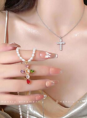 锁骨椭圆形串珠十字链轻奢欧美